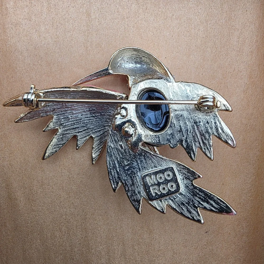 Moo Roo Hummingbird Brooch: Enameled Rhinestone Embellished Collector's Pin